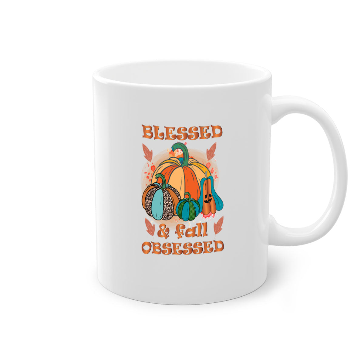 A stylish two-tone Blessed Fall Obsessed Mug with a glossy finish, featuring a colored handle and interior, perfect for coffee or tea.