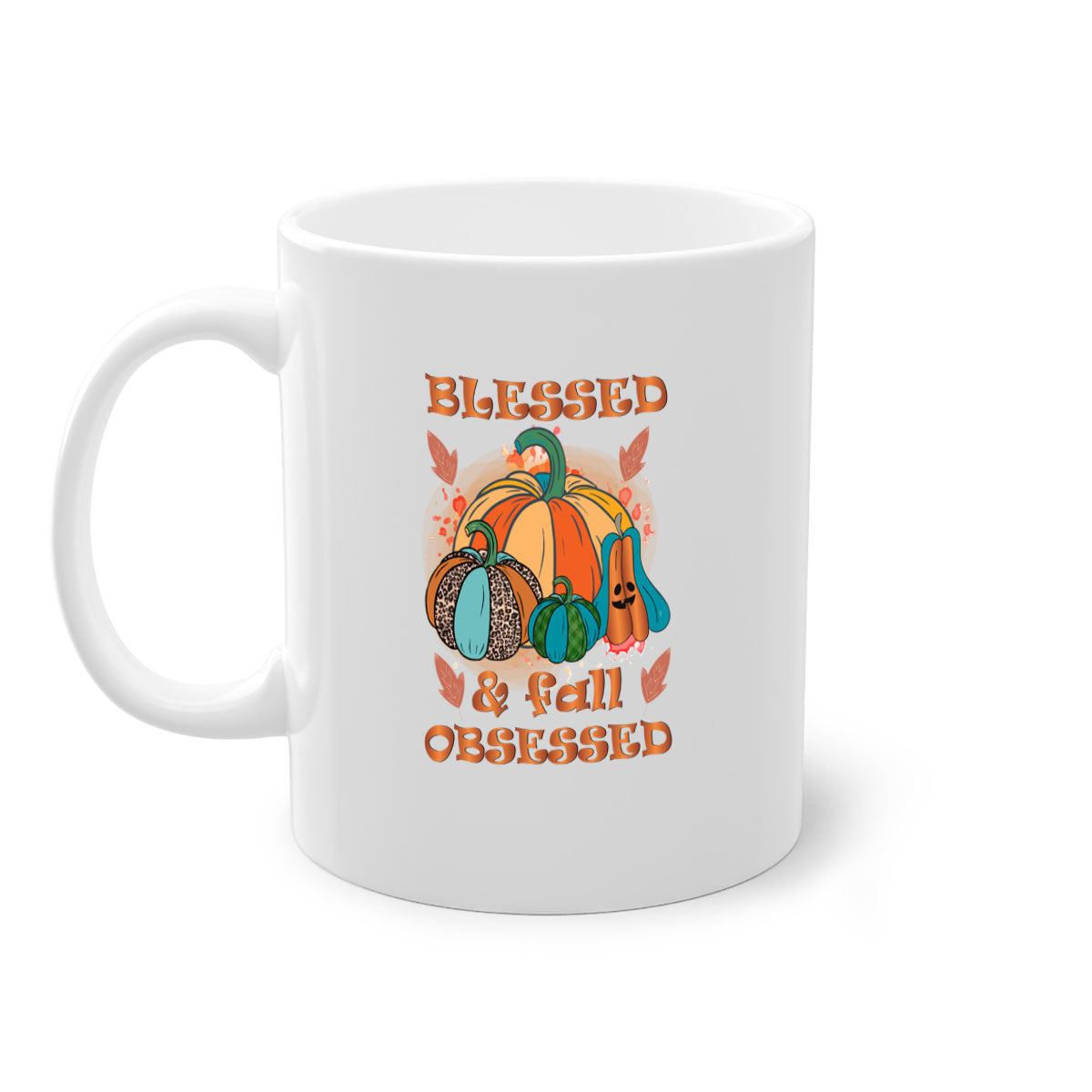 A stylish two-tone Blessed Fall Obsessed Mug with a glossy finish, featuring a colored handle and interior, perfect for coffee or tea.