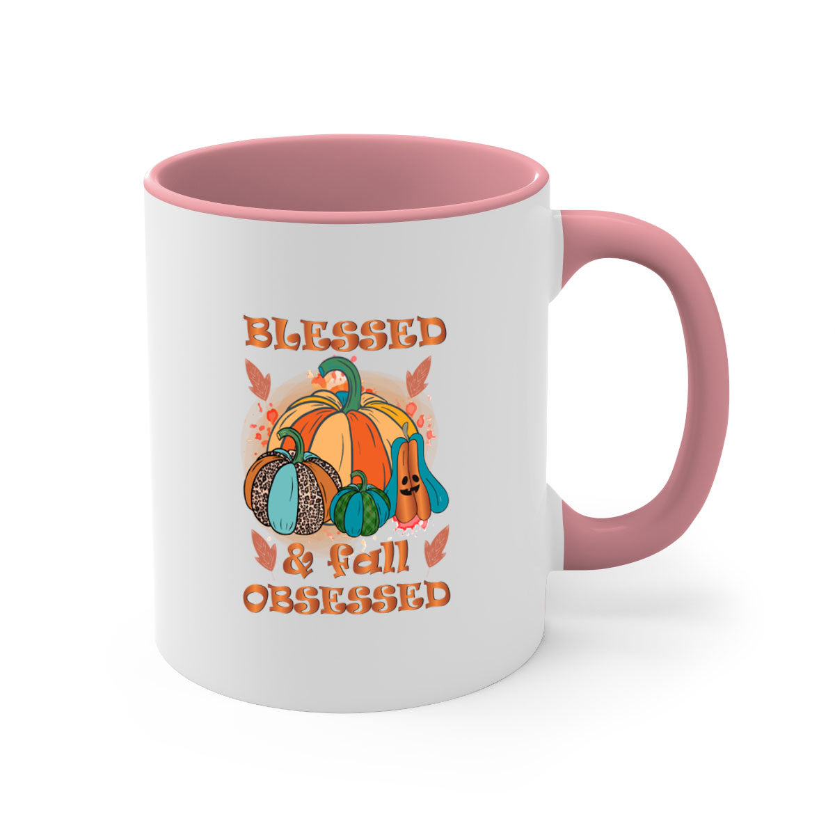 A stylish two-tone Blessed Fall Obsessed Mug with a glossy finish, featuring a colored handle and interior, perfect for coffee or tea.