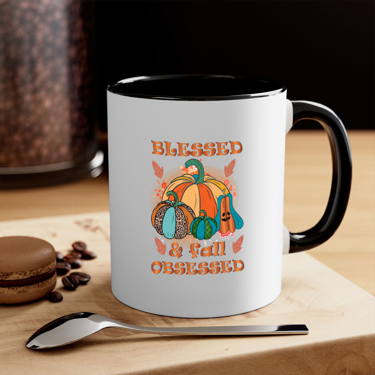 A stylish two-tone Blessed Fall Obsessed Mug with a glossy finish, featuring a colored handle and interior, perfect for coffee or tea.