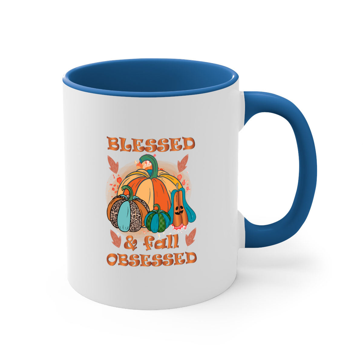 A stylish two-tone Blessed Fall Obsessed Mug with a glossy finish, featuring a colored handle and interior, perfect for coffee or tea.