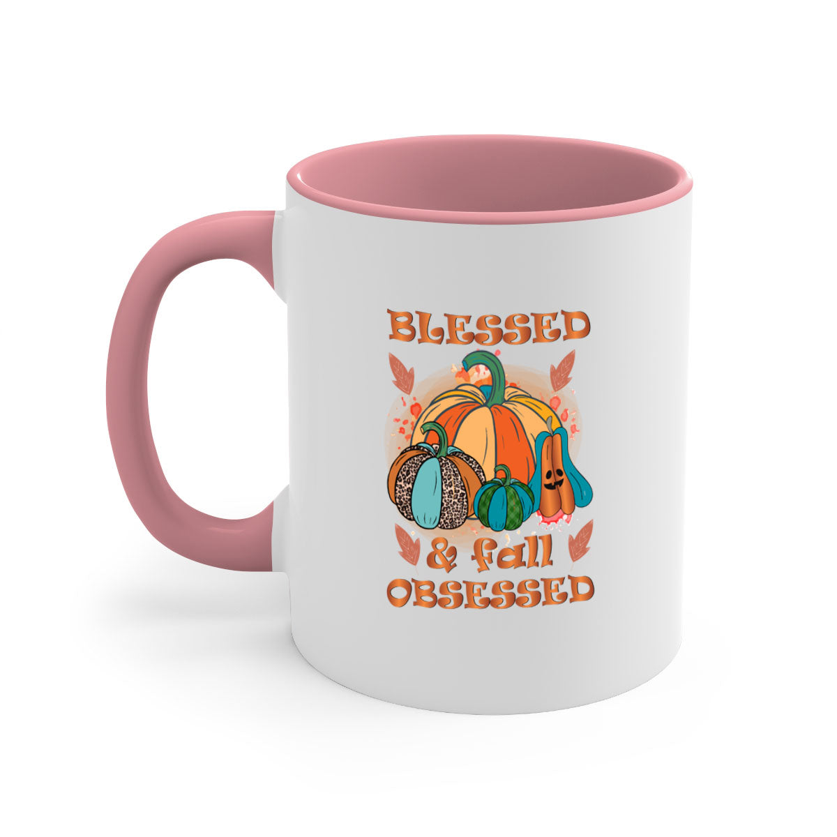 A stylish two-tone Blessed Fall Obsessed Mug with a glossy finish, featuring a colored handle and interior, perfect for coffee or tea.