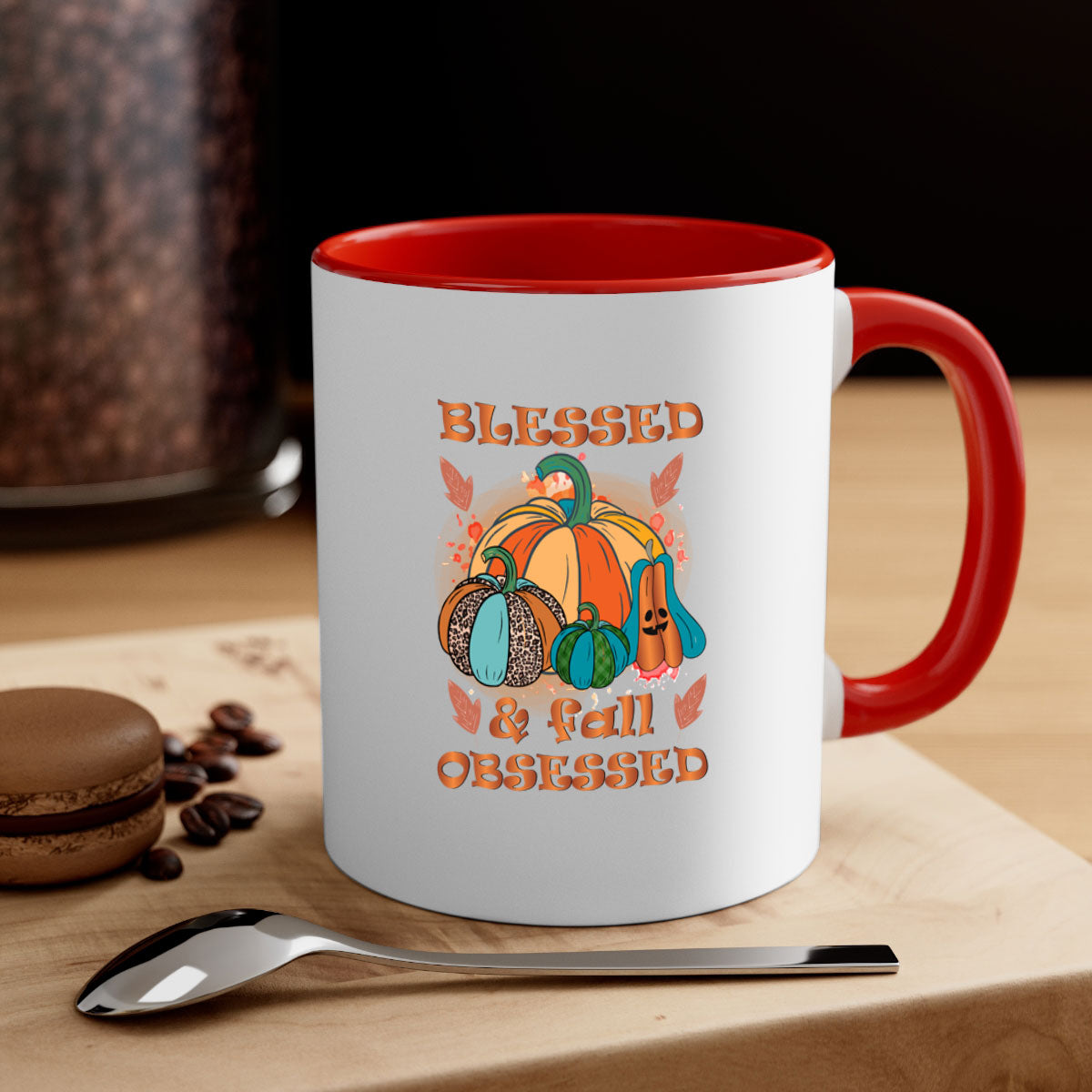 A stylish two-tone Blessed Fall Obsessed Mug with a glossy finish, featuring a colored handle and interior, perfect for coffee or tea.