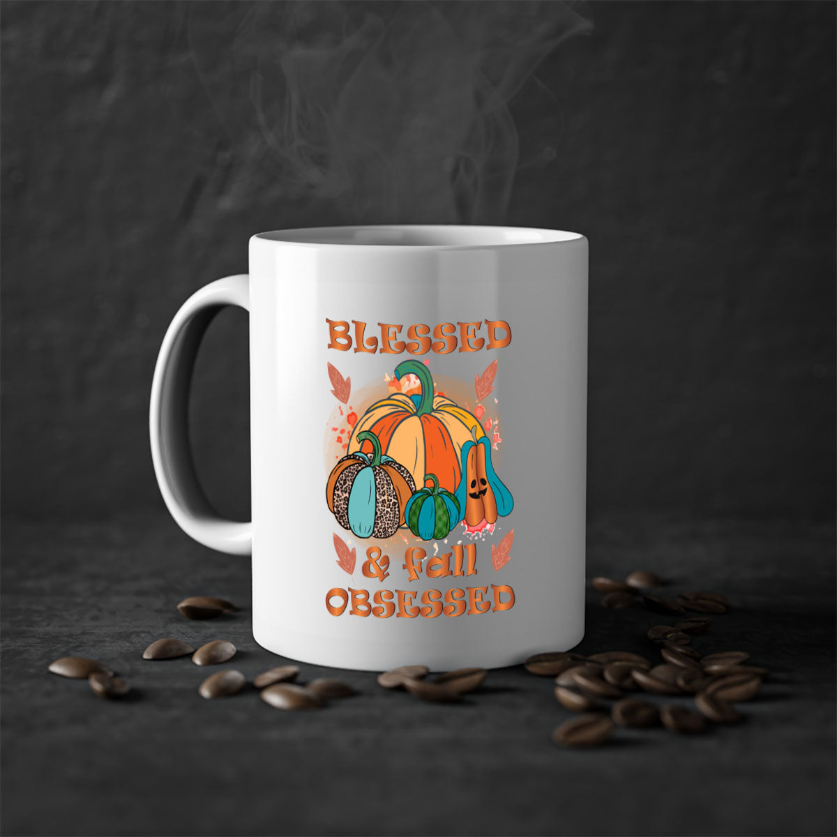 A stylish two-tone Blessed Fall Obsessed Mug with a glossy finish, featuring a colored handle and interior, perfect for coffee or tea.