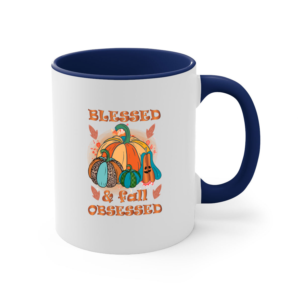 A stylish two-tone Blessed Fall Obsessed Mug with a glossy finish, featuring a colored handle and interior, perfect for coffee or tea.