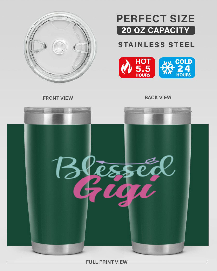 Blessed Gigi 65# tumbler featuring a stylish design, available in 20oz and 30oz sizes, made of stainless steel with a drink-thru lid.