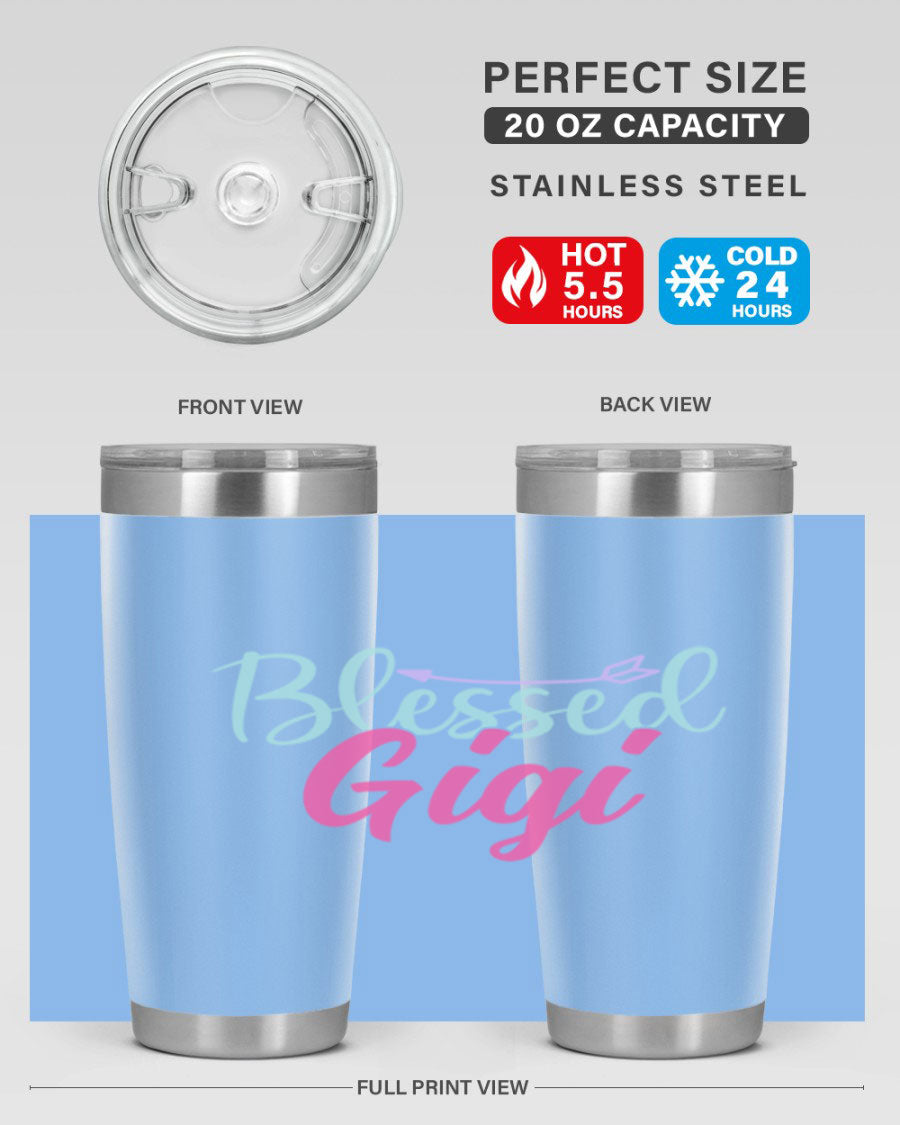 Blessed Gigi 65# tumbler featuring a stylish design, available in 20oz and 30oz sizes, made of stainless steel with a drink-thru lid.