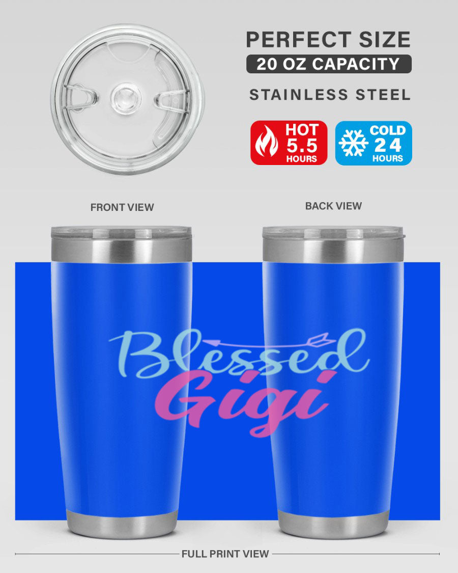 Blessed Gigi 65# tumbler featuring a stylish design, available in 20oz and 30oz sizes, made of stainless steel with a drink-thru lid.