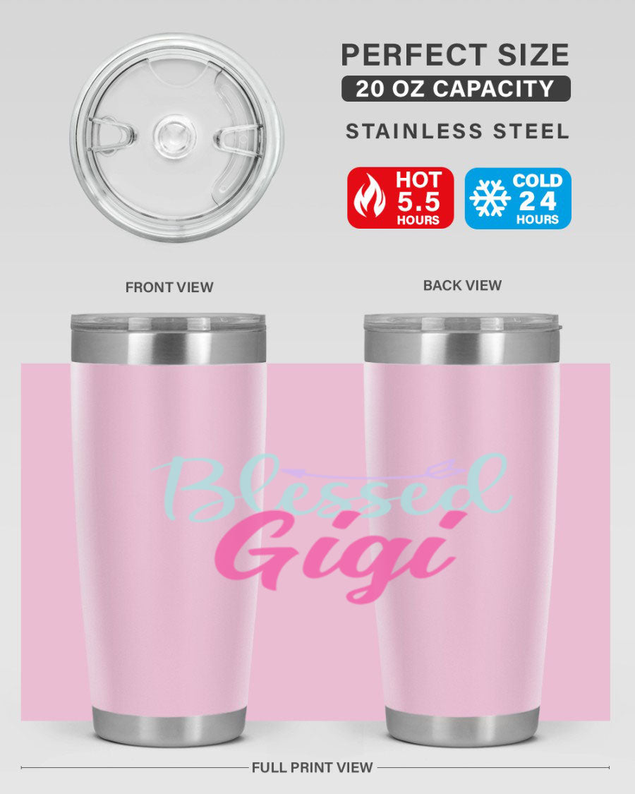 Blessed Gigi 65# tumbler featuring a stylish design, available in 20oz and 30oz sizes, made of stainless steel with a drink-thru lid.