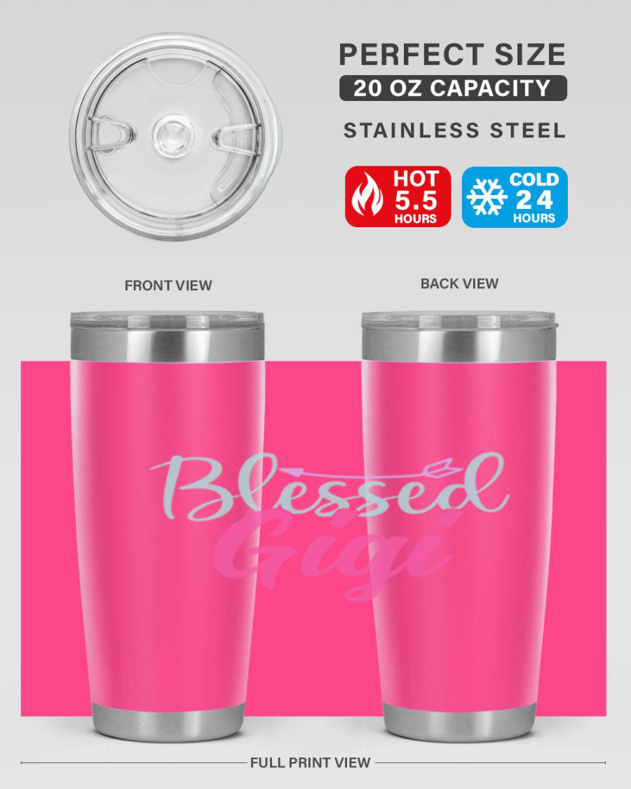 Blessed Gigi 65# tumbler featuring a stylish design, available in 20oz and 30oz sizes, made of stainless steel with a drink-thru lid.