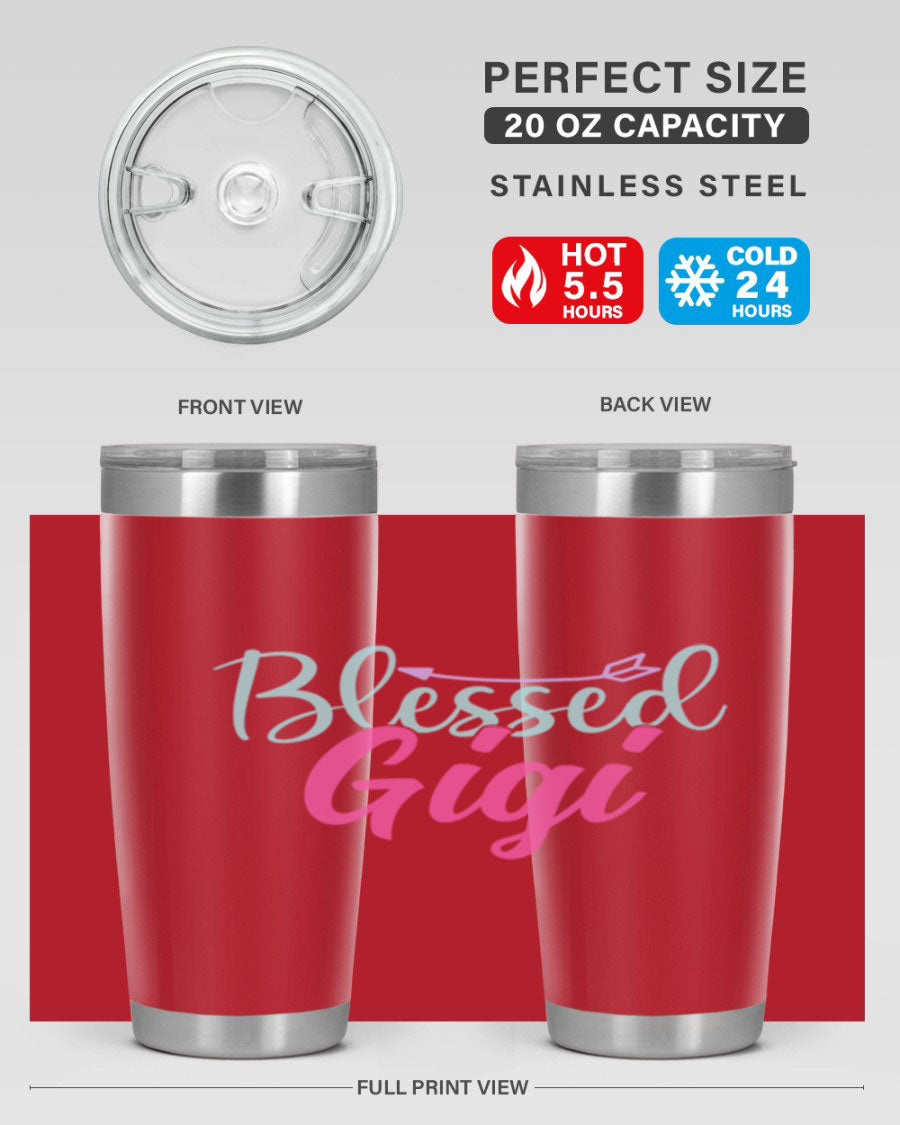 Blessed Gigi 65# tumbler featuring a stylish design, available in 20oz and 30oz sizes, made of stainless steel with a drink-thru lid.