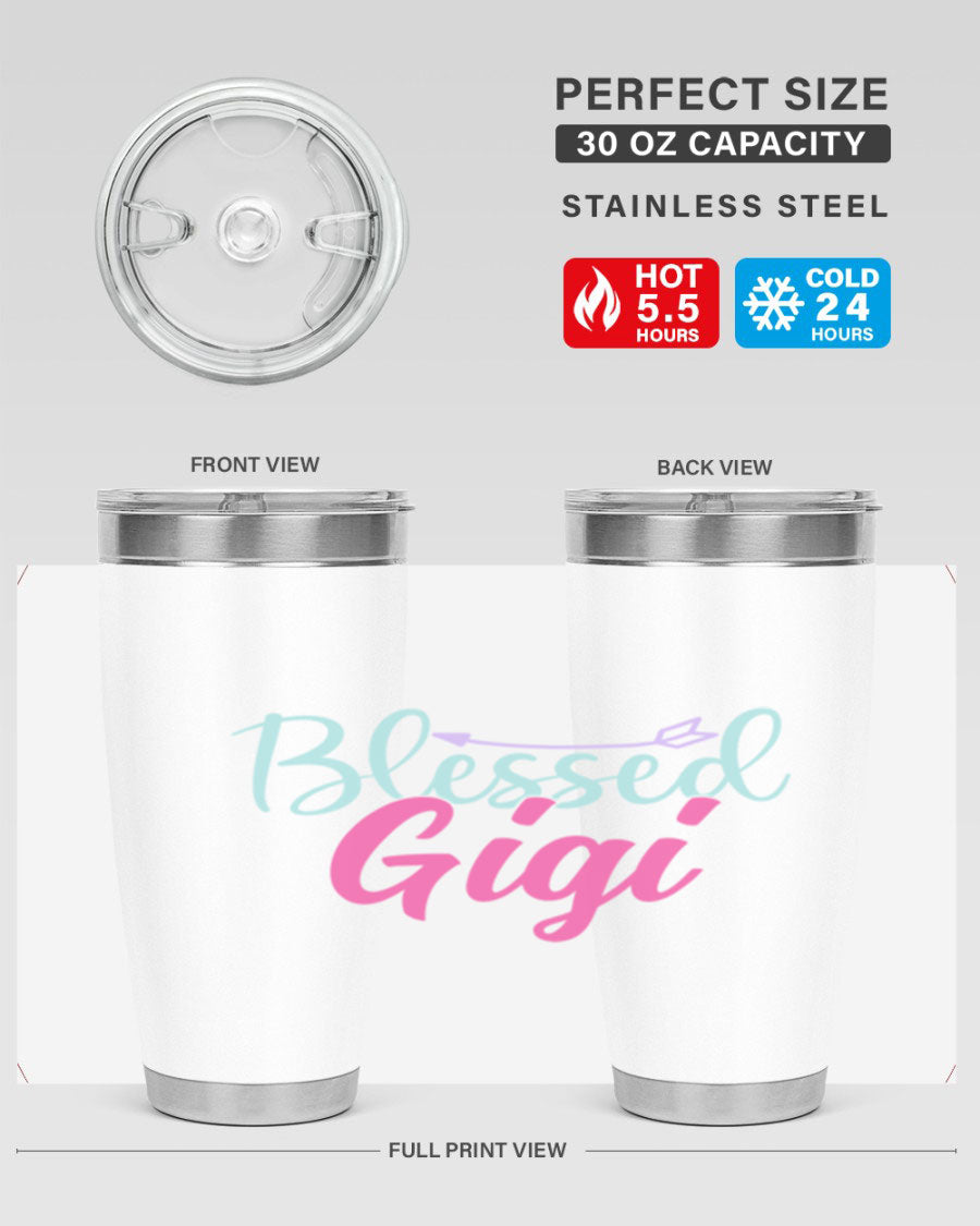 Blessed Gigi 65# tumbler featuring a stylish design, available in 20oz and 30oz sizes, made of stainless steel with a drink-thru lid.