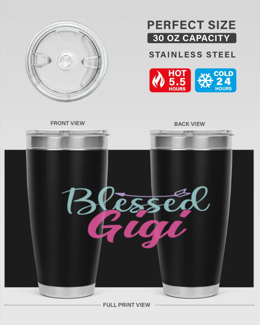 Blessed Gigi 65# tumbler featuring a stylish design, available in 20oz and 30oz sizes, made of stainless steel with a drink-thru lid.