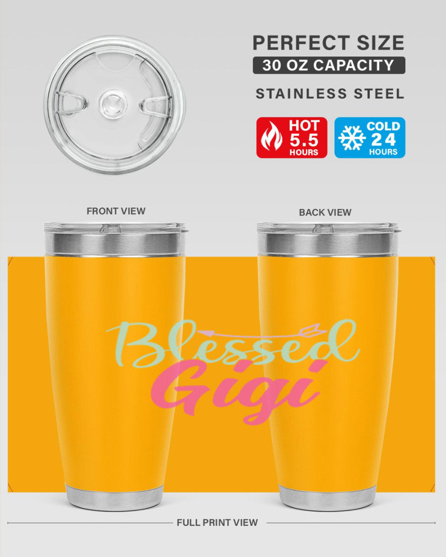 Blessed Gigi 65# tumbler featuring a stylish design, available in 20oz and 30oz sizes, made of stainless steel with a drink-thru lid.