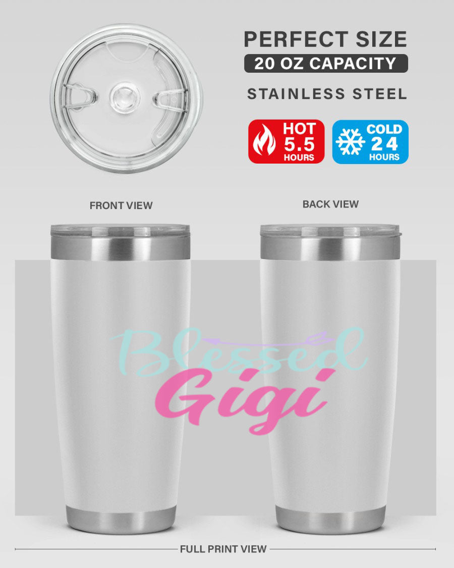 Blessed Gigi 65# tumbler featuring a stylish design, available in 20oz and 30oz sizes, made of stainless steel with a drink-thru lid.