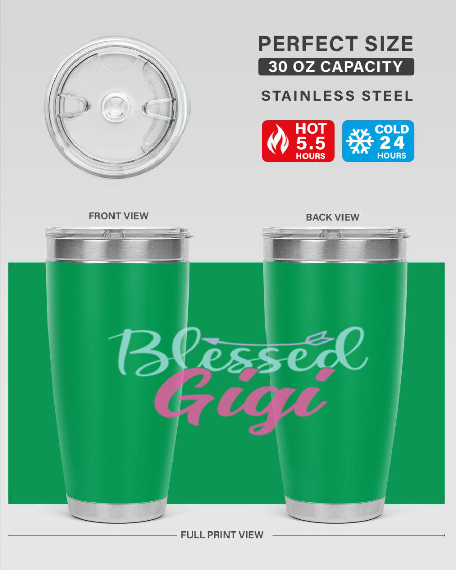 Blessed Gigi 65# tumbler featuring a stylish design, available in 20oz and 30oz sizes, made of stainless steel with a drink-thru lid.