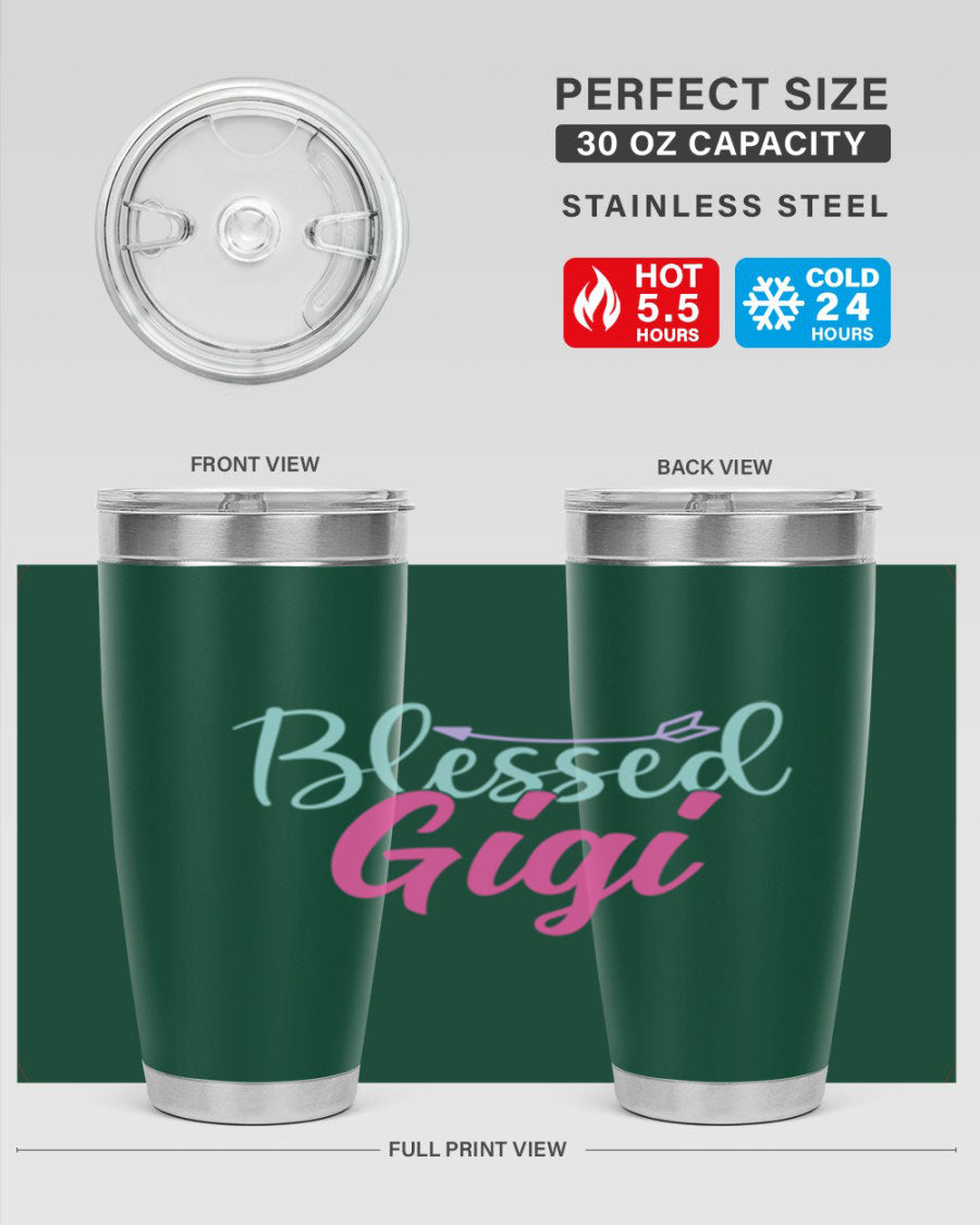 Blessed Gigi 65# tumbler featuring a stylish design, available in 20oz and 30oz sizes, made of stainless steel with a drink-thru lid.