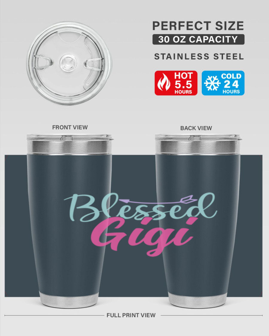 Blessed Gigi 65# tumbler featuring a stylish design, available in 20oz and 30oz sizes, made of stainless steel with a drink-thru lid.