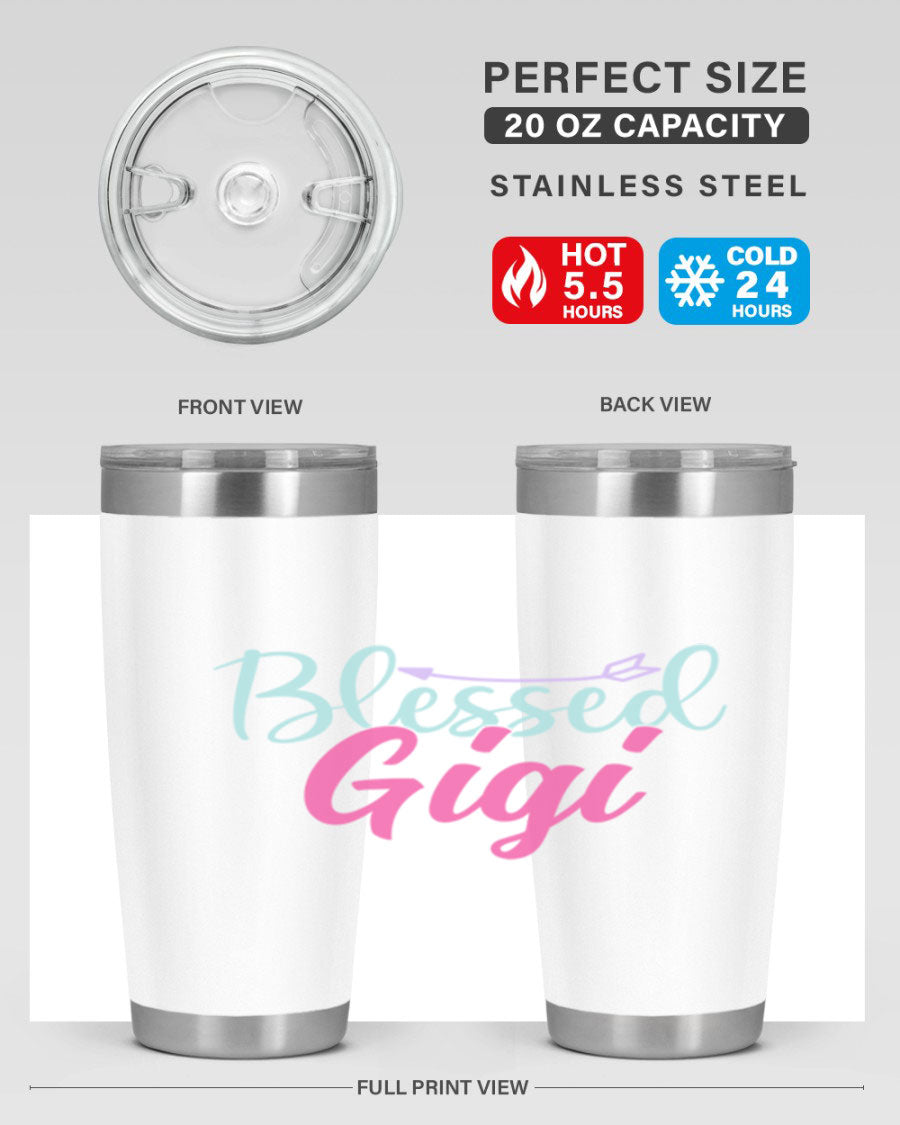 Blessed Gigi 65# tumbler featuring a stylish design, available in 20oz and 30oz sizes, made of stainless steel with a drink-thru lid.