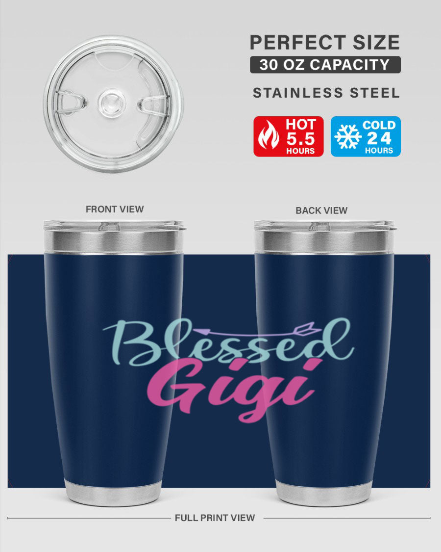 Blessed Gigi 65# tumbler featuring a stylish design, available in 20oz and 30oz sizes, made of stainless steel with a drink-thru lid.