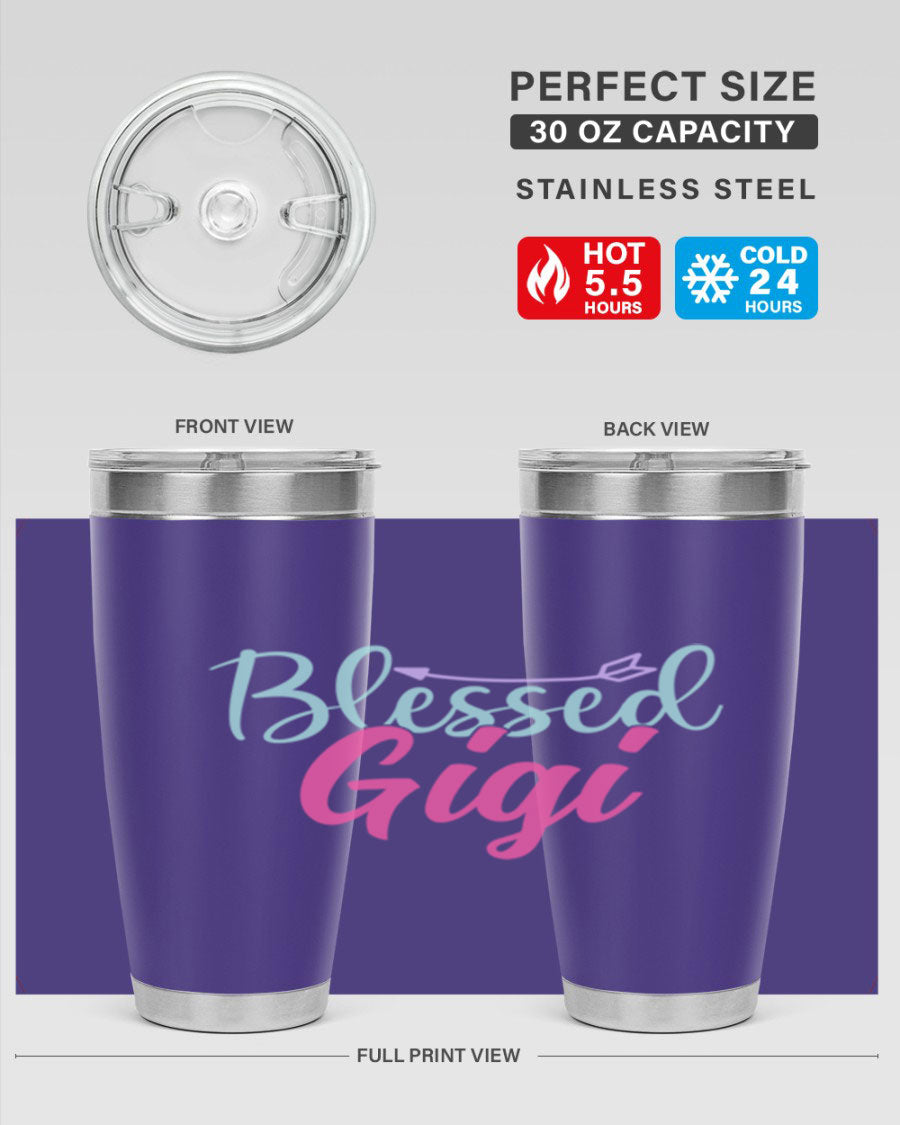 Blessed Gigi 65# tumbler featuring a stylish design, available in 20oz and 30oz sizes, made of stainless steel with a drink-thru lid.