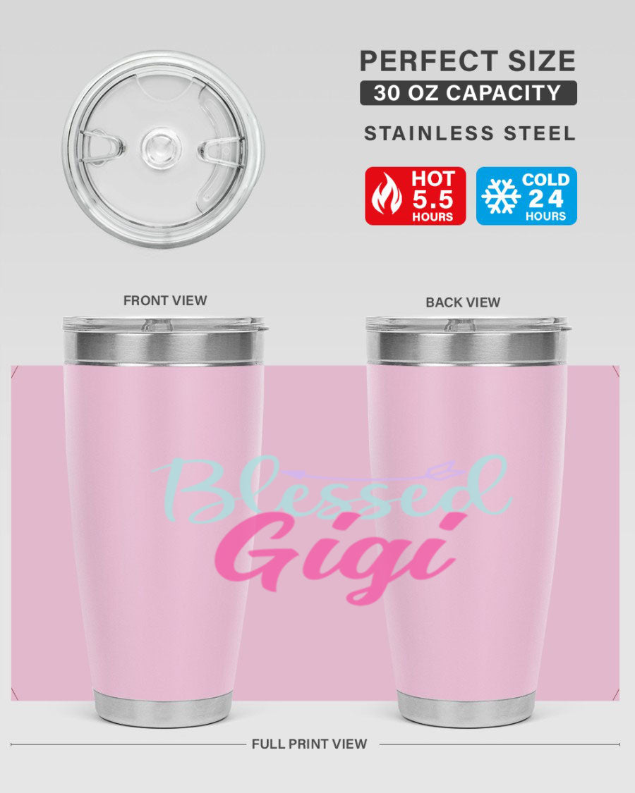 Blessed Gigi 65# tumbler featuring a stylish design, available in 20oz and 30oz sizes, made of stainless steel with a drink-thru lid.