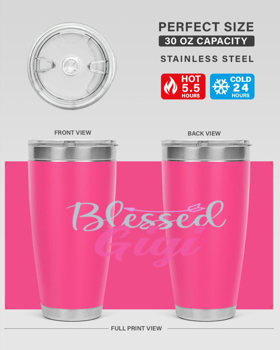 Blessed Gigi 65# tumbler featuring a stylish design, available in 20oz and 30oz sizes, made of stainless steel with a drink-thru lid.