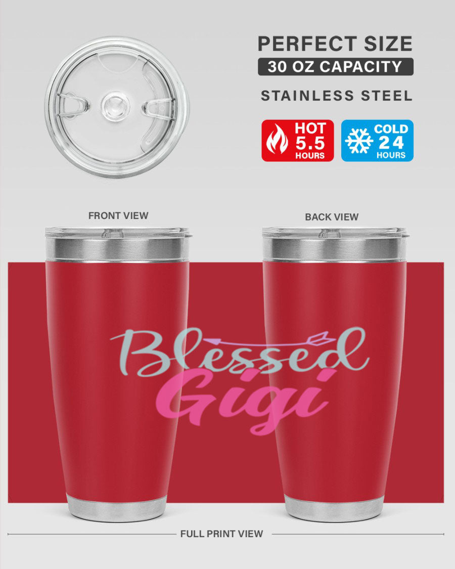 Blessed Gigi 65# tumbler featuring a stylish design, available in 20oz and 30oz sizes, made of stainless steel with a drink-thru lid.