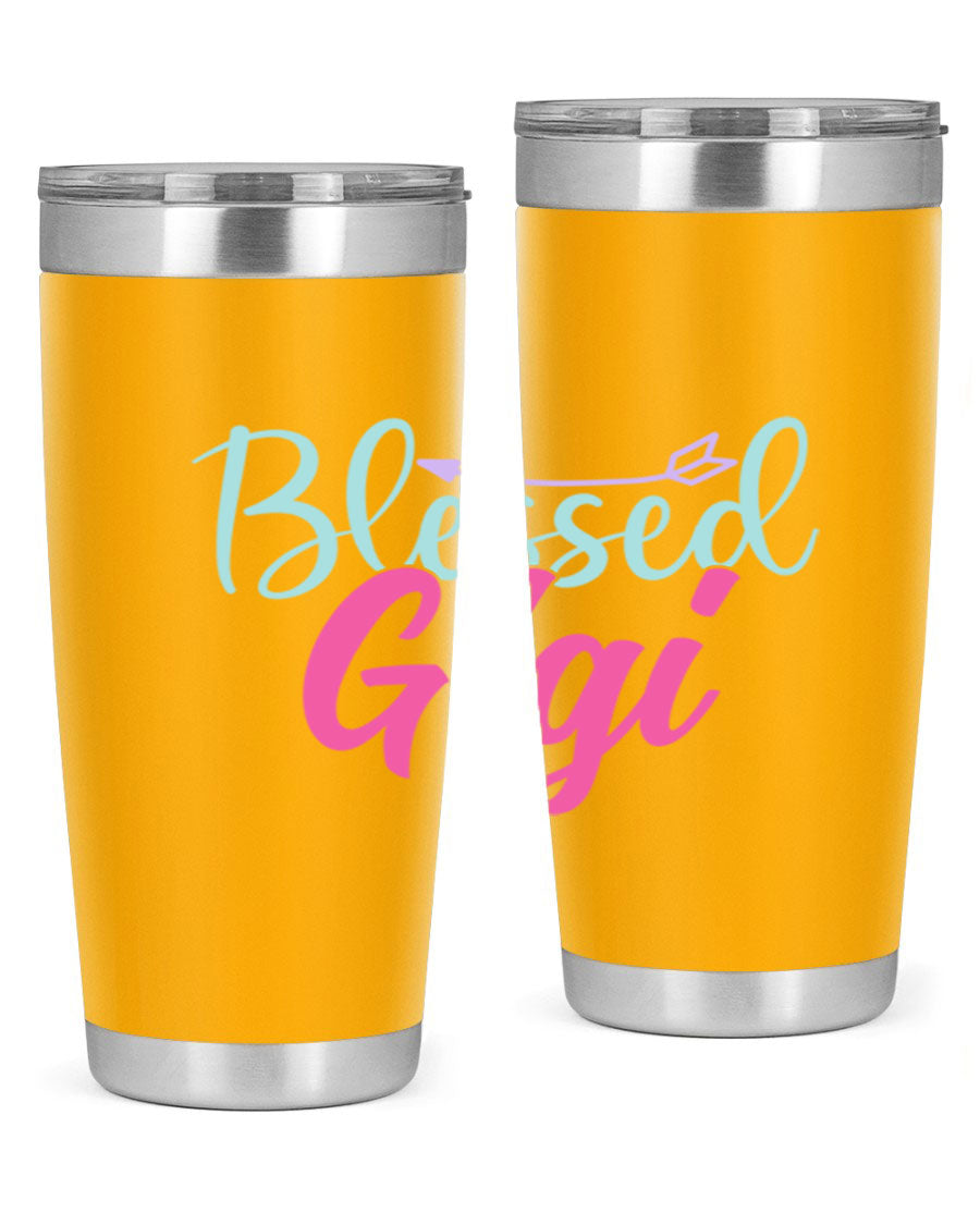 Blessed Gigi 65# tumbler featuring a stylish design, available in 20oz and 30oz sizes, made of stainless steel with a drink-thru lid.