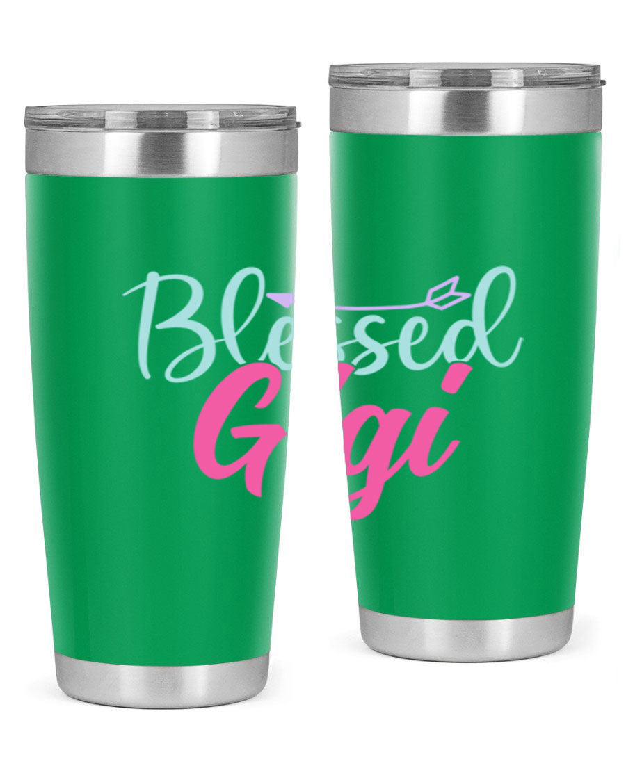 Blessed Gigi 65# tumbler featuring a stylish design, available in 20oz and 30oz sizes, made of stainless steel with a drink-thru lid.