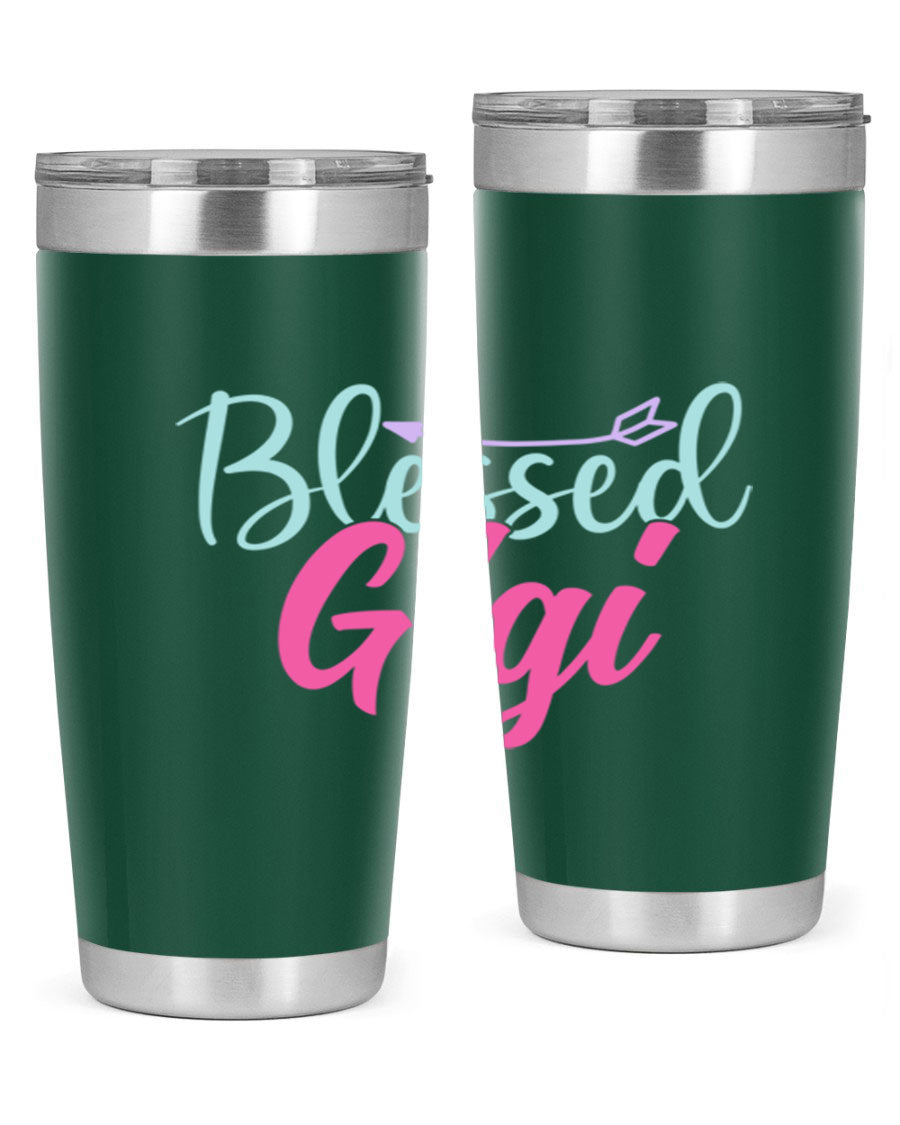 Blessed Gigi 65# tumbler featuring a stylish design, available in 20oz and 30oz sizes, made of stainless steel with a drink-thru lid.