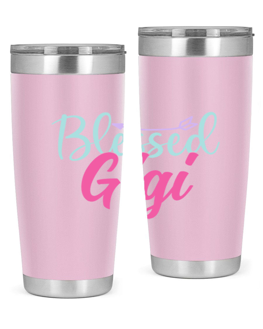 Blessed Gigi 65# tumbler featuring a stylish design, available in 20oz and 30oz sizes, made of stainless steel with a drink-thru lid.