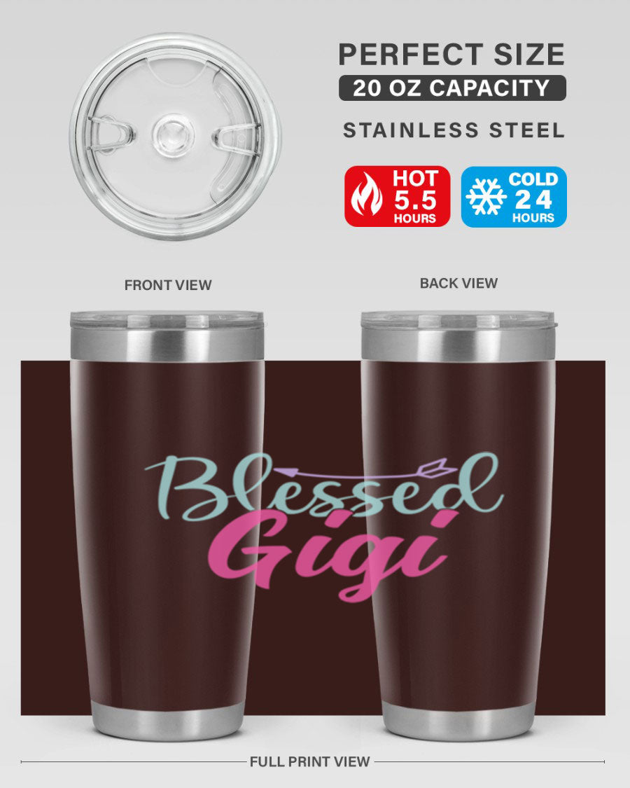 Blessed Gigi 65# tumbler featuring a stylish design, available in 20oz and 30oz sizes, made of stainless steel with a drink-thru lid.