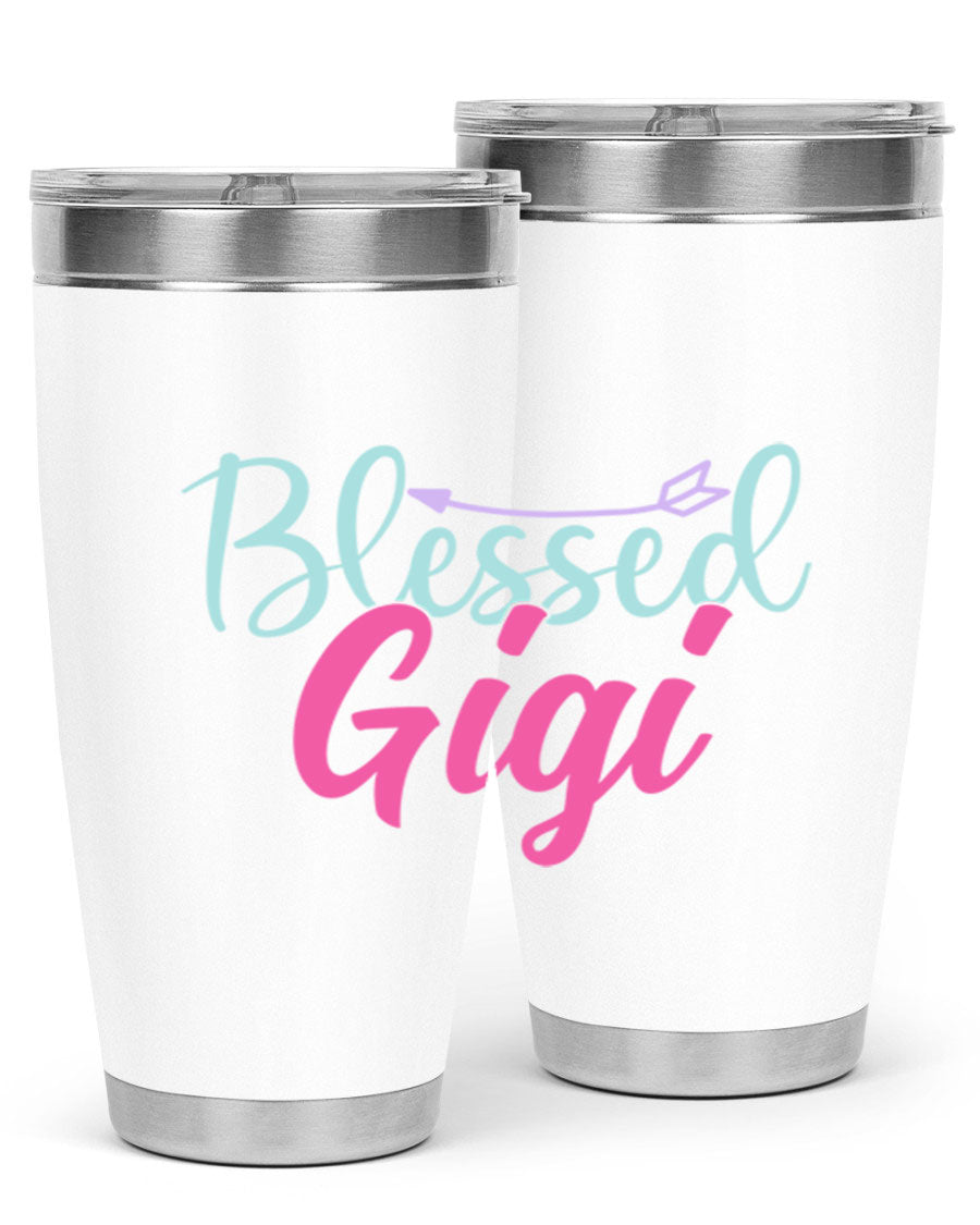 Blessed Gigi 65# tumbler featuring a stylish design, available in 20oz and 30oz sizes, made of stainless steel with a drink-thru lid.