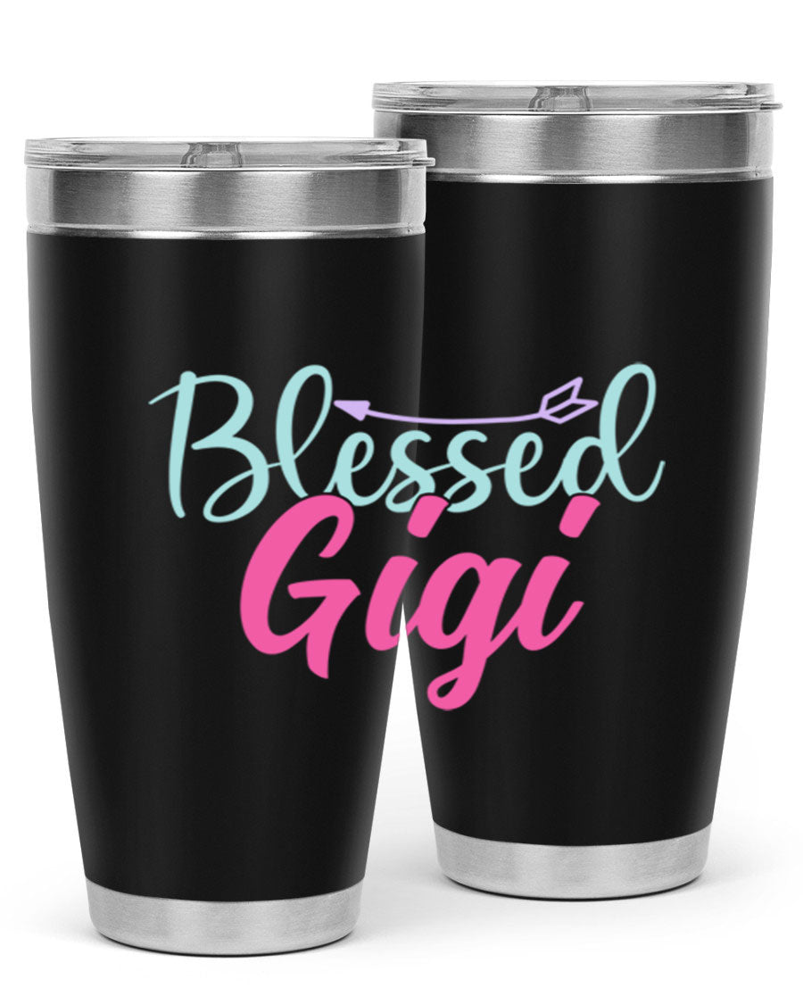 Blessed Gigi 65# tumbler featuring a stylish design, available in 20oz and 30oz sizes, made of stainless steel with a drink-thru lid.