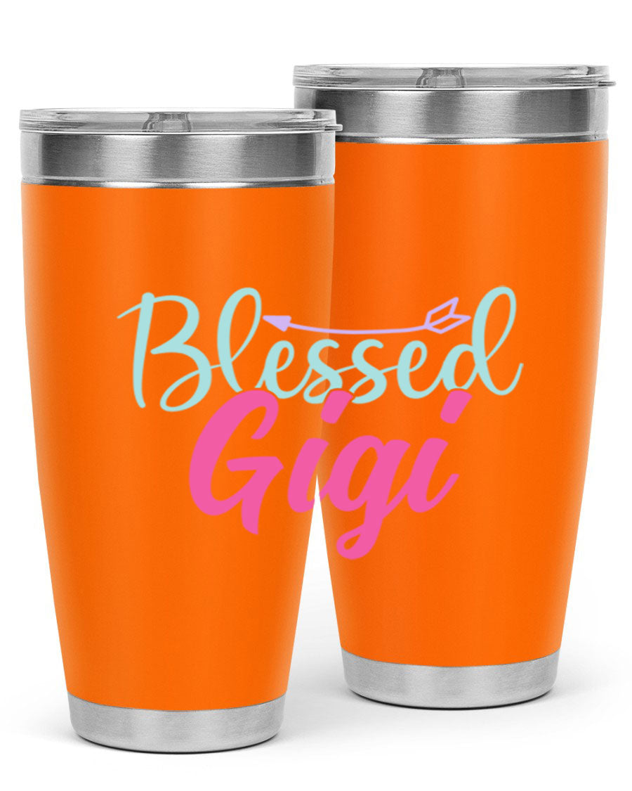 Blessed Gigi 65# tumbler featuring a stylish design, available in 20oz and 30oz sizes, made of stainless steel with a drink-thru lid.