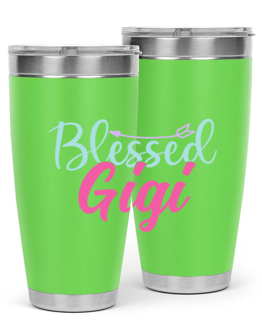 Blessed Gigi 65# tumbler featuring a stylish design, available in 20oz and 30oz sizes, made of stainless steel with a drink-thru lid.