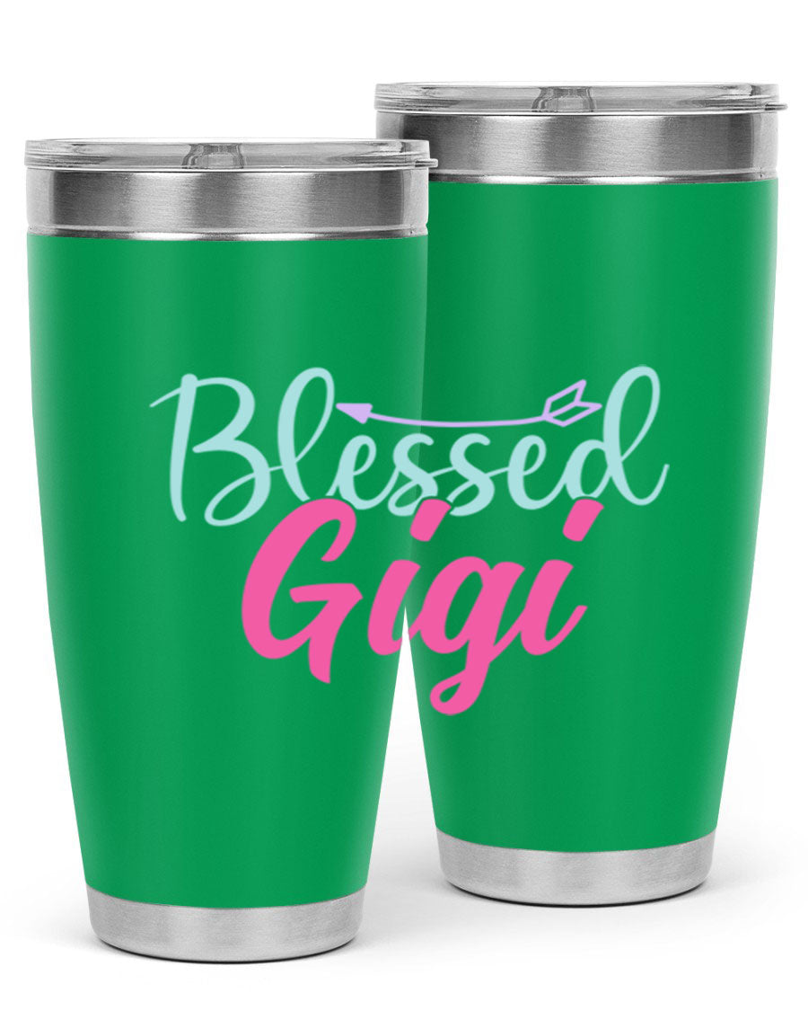 Blessed Gigi 65# tumbler featuring a stylish design, available in 20oz and 30oz sizes, made of stainless steel with a drink-thru lid.