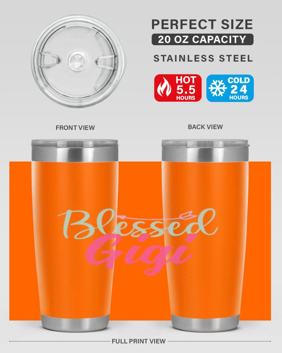 Blessed Gigi 65# tumbler featuring a stylish design, available in 20oz and 30oz sizes, made of stainless steel with a drink-thru lid.