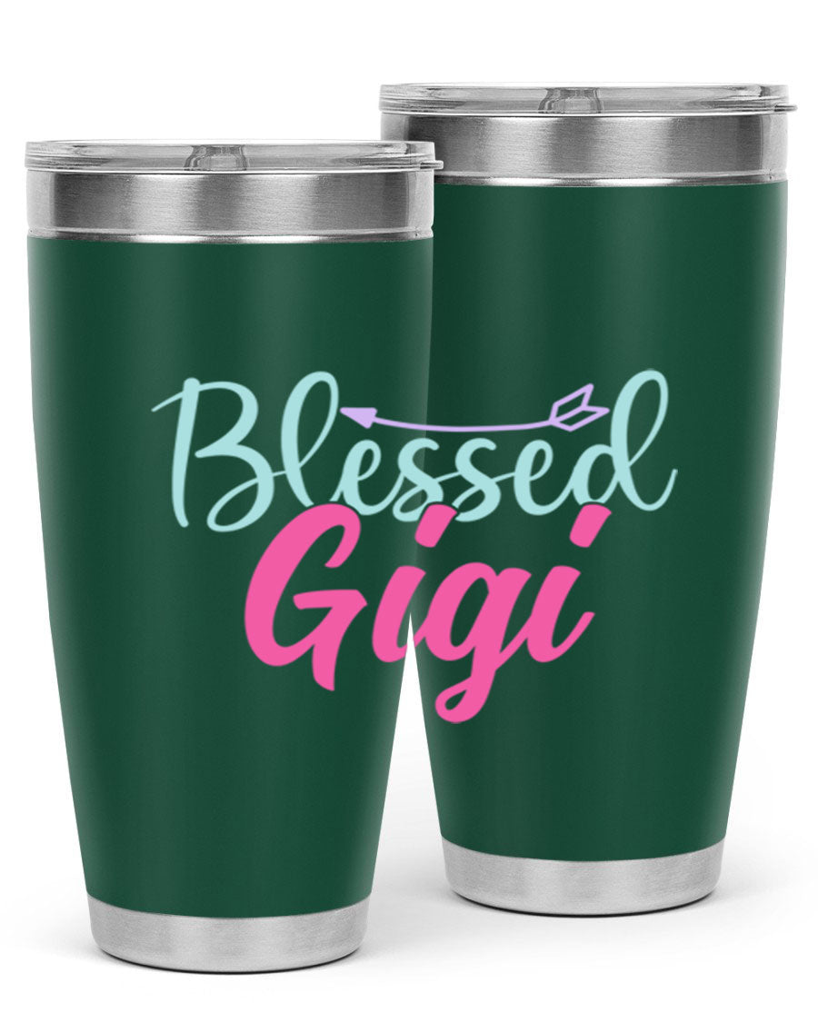 Blessed Gigi 65# tumbler featuring a stylish design, available in 20oz and 30oz sizes, made of stainless steel with a drink-thru lid.