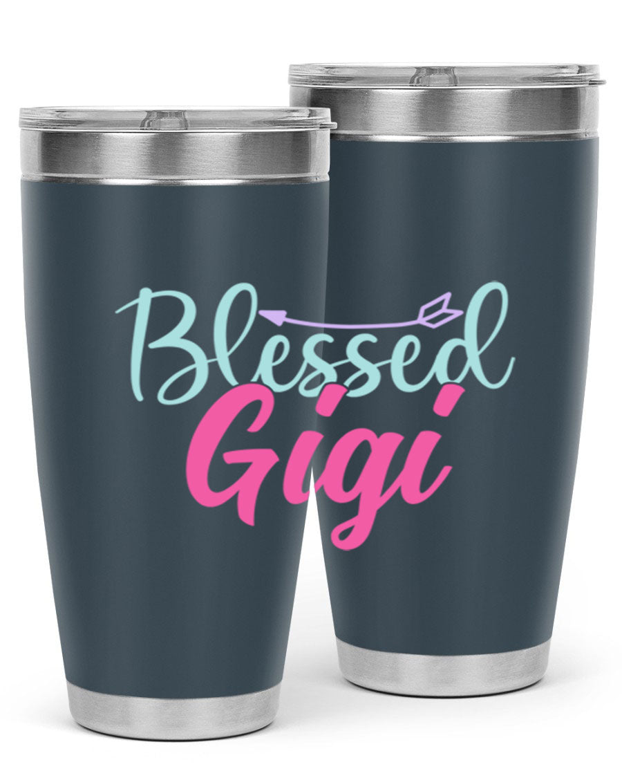 Blessed Gigi 65# tumbler featuring a stylish design, available in 20oz and 30oz sizes, made of stainless steel with a drink-thru lid.