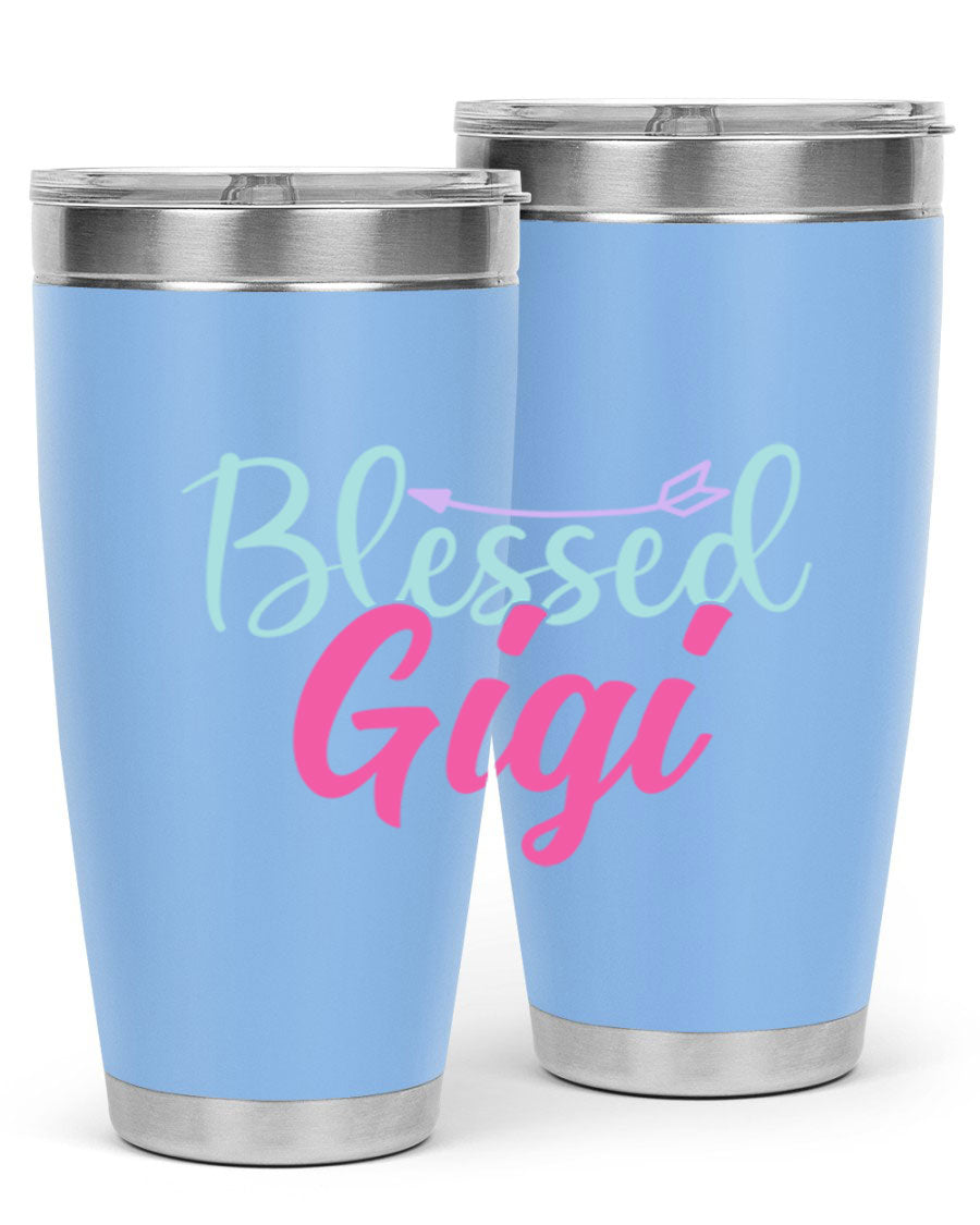 Blessed Gigi 65# tumbler featuring a stylish design, available in 20oz and 30oz sizes, made of stainless steel with a drink-thru lid.