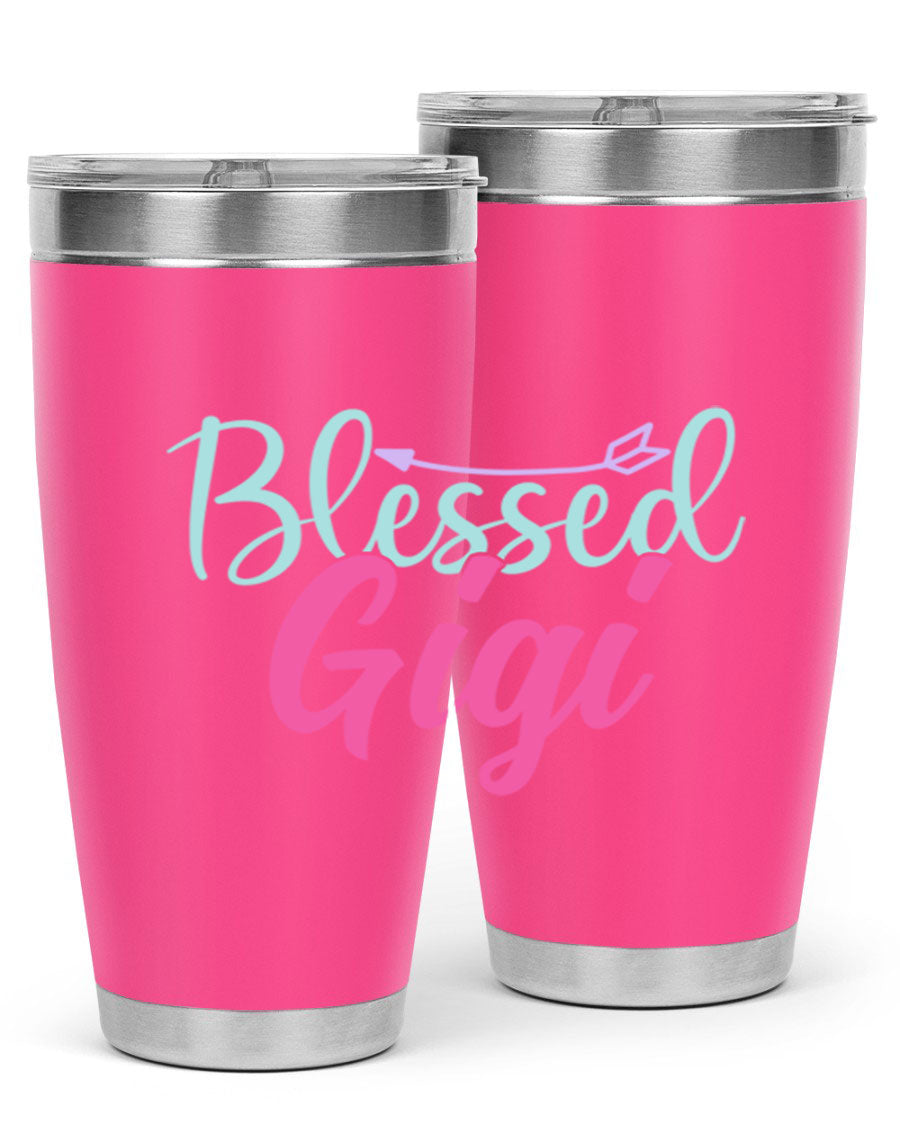 Blessed Gigi 65# tumbler featuring a stylish design, available in 20oz and 30oz sizes, made of stainless steel with a drink-thru lid.