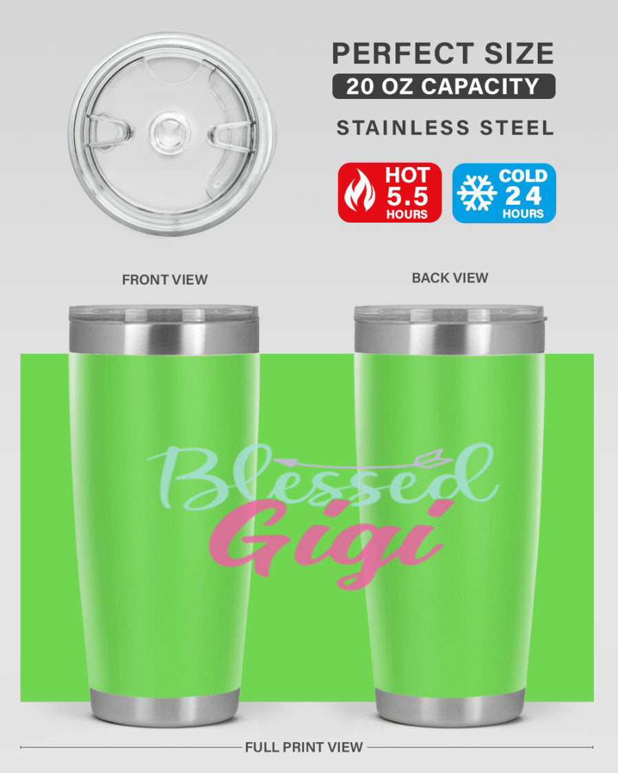 Blessed Gigi 65# tumbler featuring a stylish design, available in 20oz and 30oz sizes, made of stainless steel with a drink-thru lid.