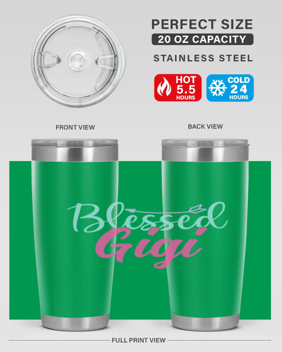 Blessed Gigi 65# tumbler featuring a stylish design, available in 20oz and 30oz sizes, made of stainless steel with a drink-thru lid.