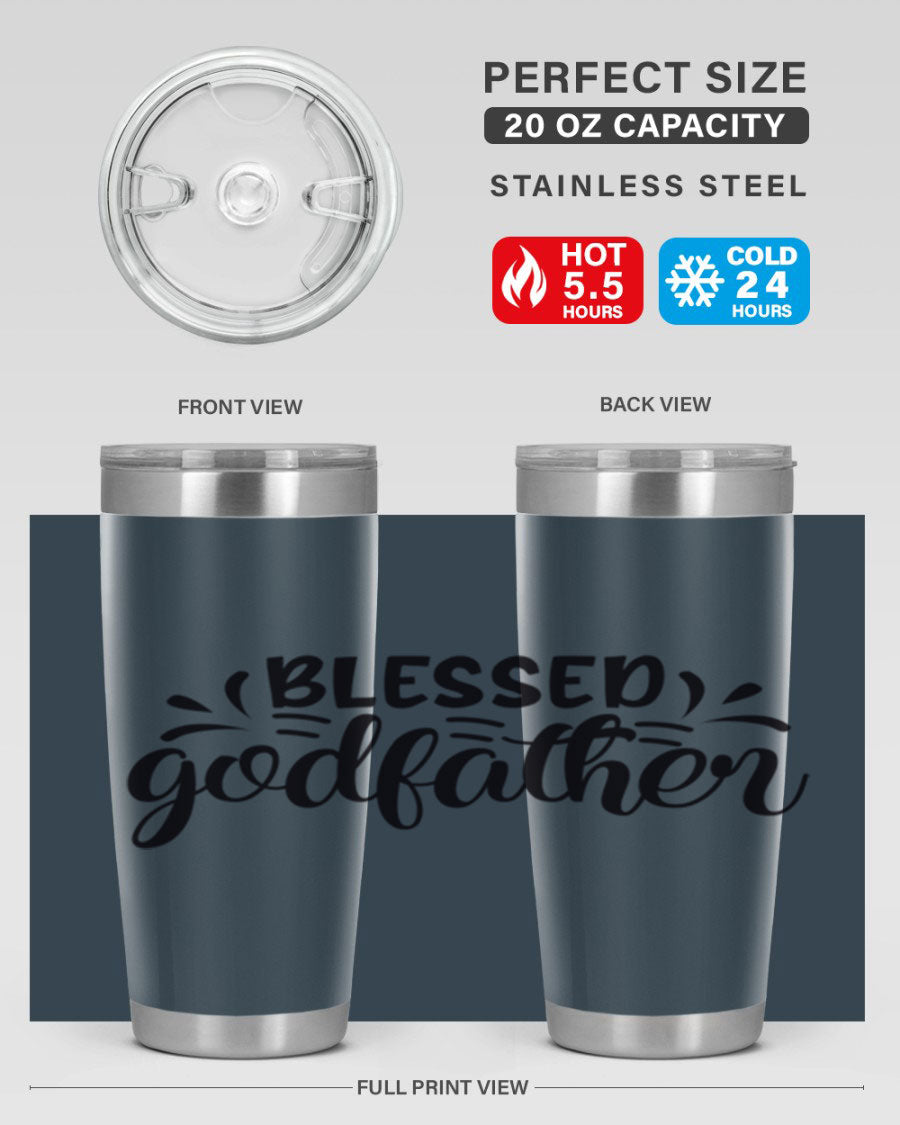 Blessed Godfather 3# tumbler in stainless steel with a drink-thru lid, showcasing its elegant design and double wall insulation.