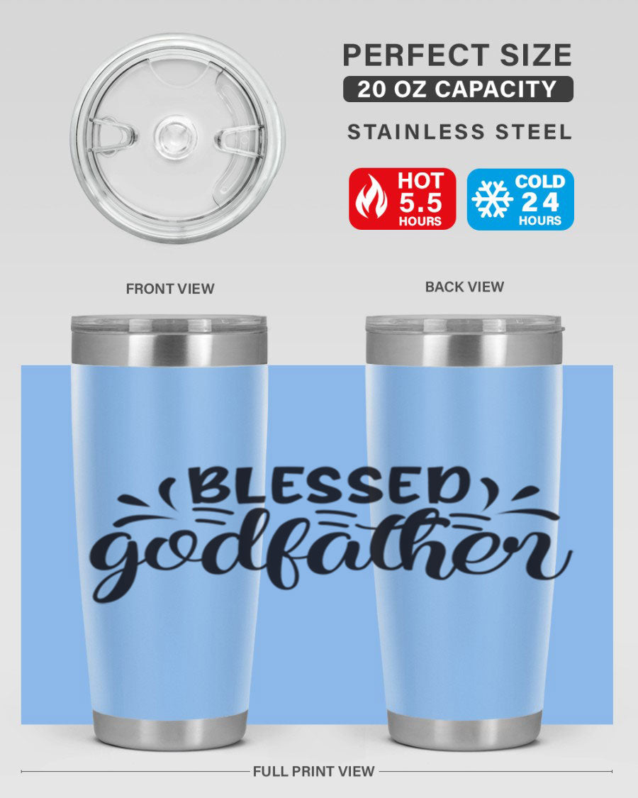 Blessed Godfather 3# tumbler in stainless steel with a drink-thru lid, showcasing its elegant design and double wall insulation.