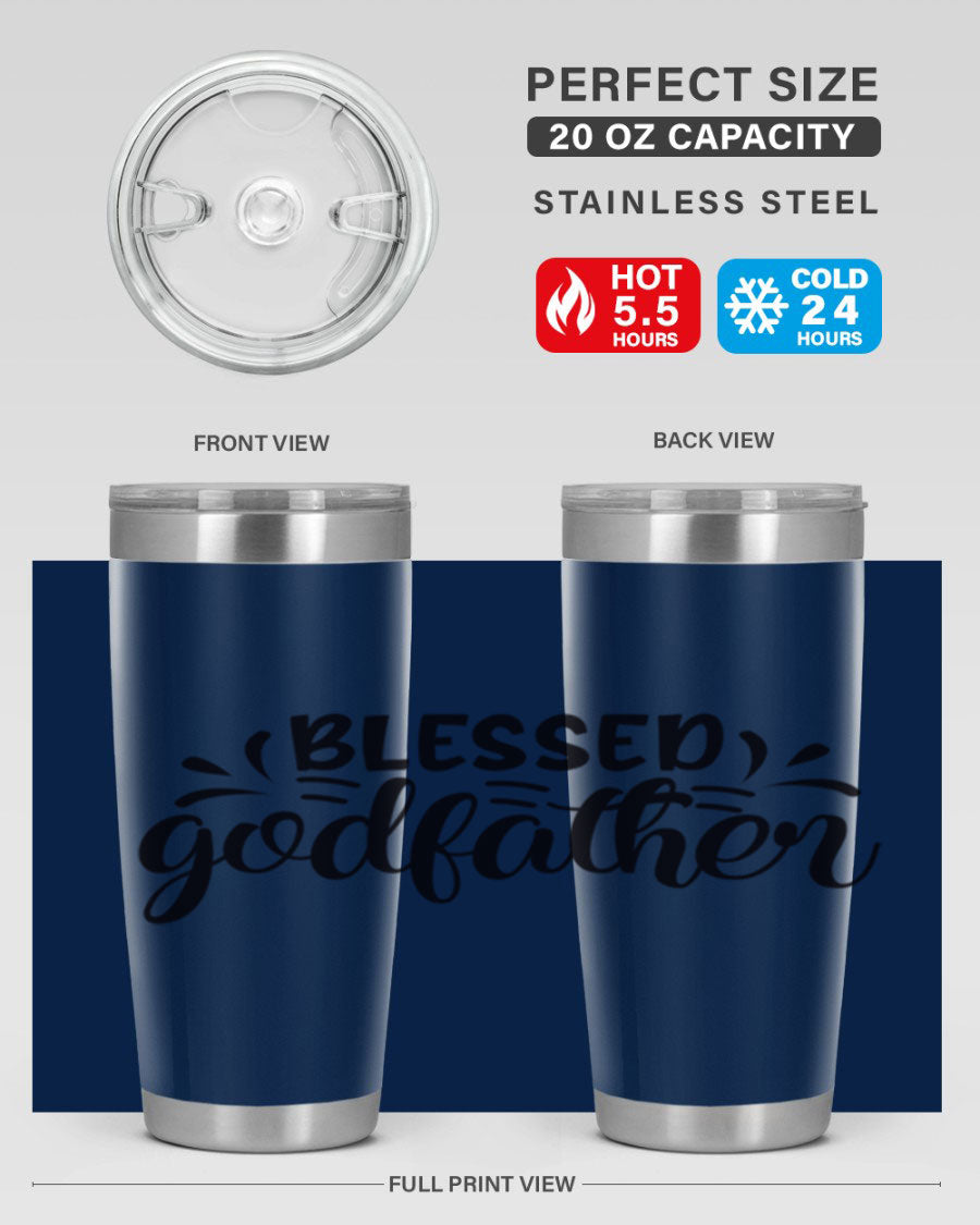 Blessed Godfather 3# tumbler in stainless steel with a drink-thru lid, showcasing its elegant design and double wall insulation.