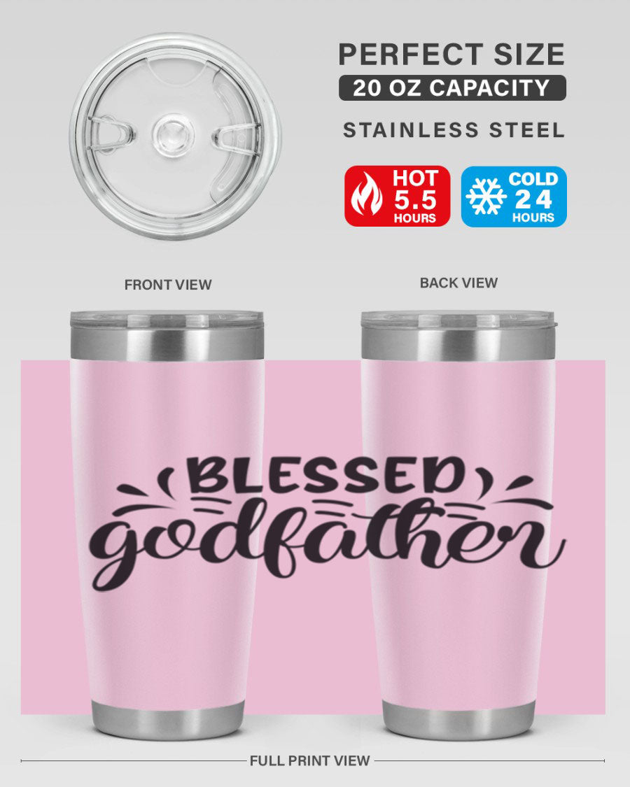 Blessed Godfather 3# tumbler in stainless steel with a drink-thru lid, showcasing its elegant design and double wall insulation.