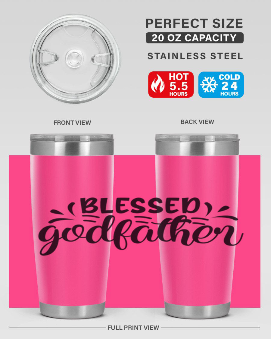 Blessed Godfather 3# tumbler in stainless steel with a drink-thru lid, showcasing its elegant design and double wall insulation.